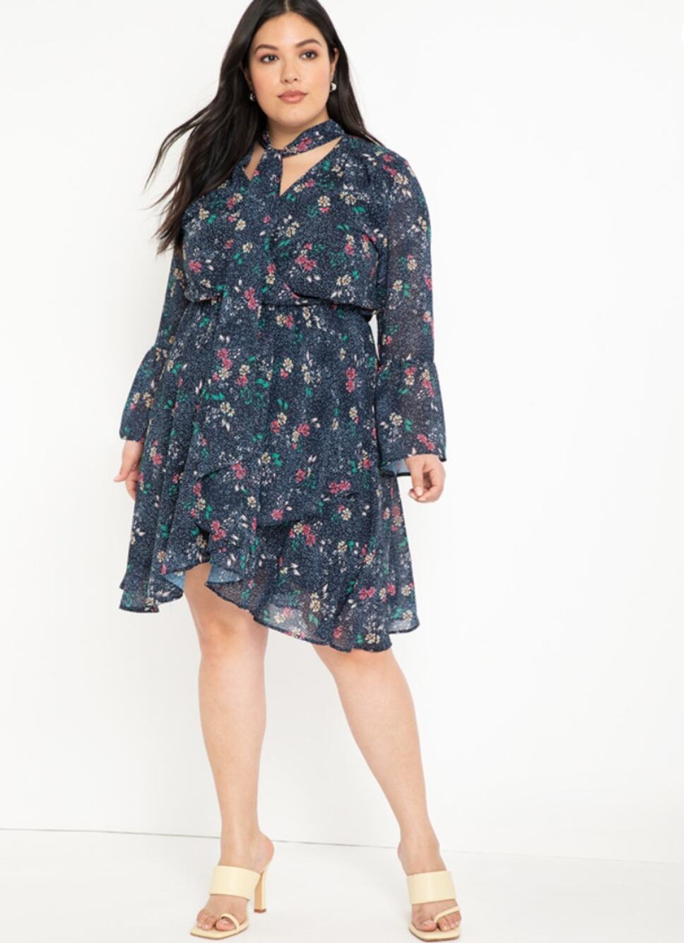 ELOQUII Navy Floral Long Sleeve Tie Neck Ruffle Flare Dress // 16